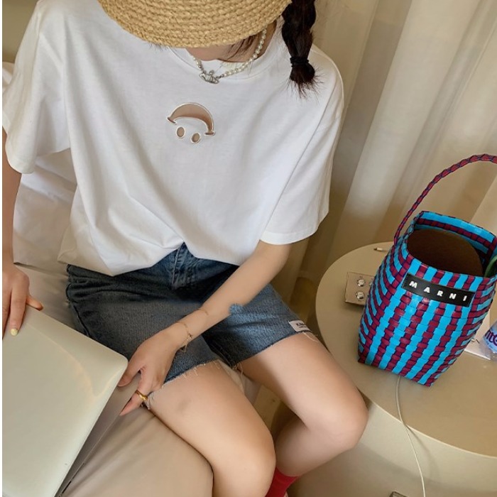 Cotton short sleeve t-shirt female student fashion hollow out smile summer new Korean loose large medium long BF style top