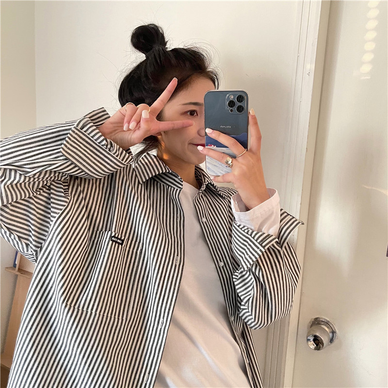 Real video striped shirt loose long sleeve shirt Korean fashion jacket casual Hong Kong style top