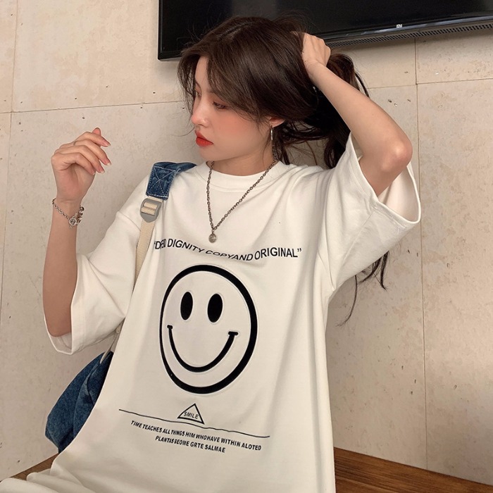 Milk silk short sleeve t-shirt female student Korean version loose medium length couple's big size shirt missing summer top