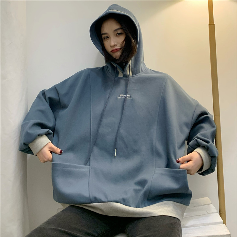 Real shot early spring Korean new hooded medium length loose thin long sleeve sweater coat schoolgirl top