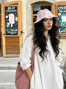 夏季防晒度假风粉色花朵渔夫帽女