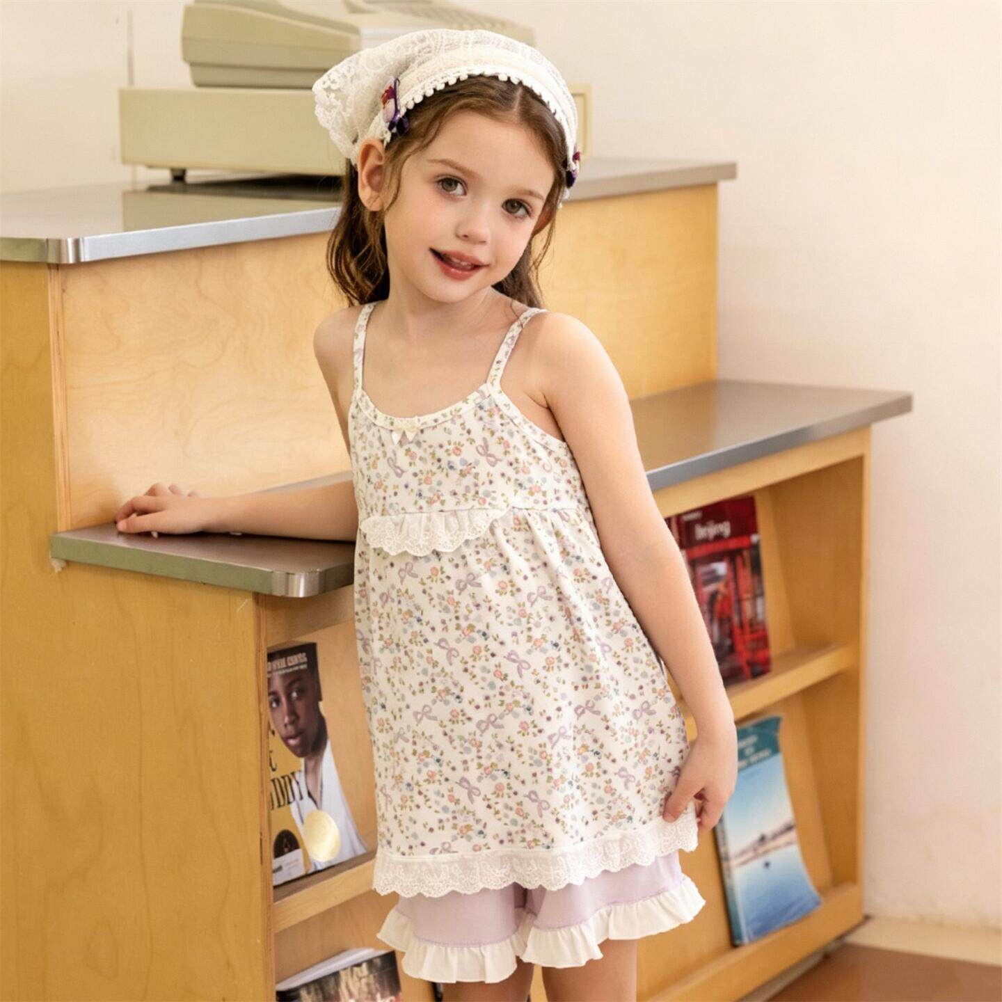 小松鼠洛洛夏季新款女童家居服宝宝碎花吊带短裤睡衣短袖短裤套装