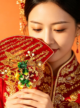 婚庆饰品水扇宫廷中国扇形中式新娘结婚喜扇古风双面手工团扇高级