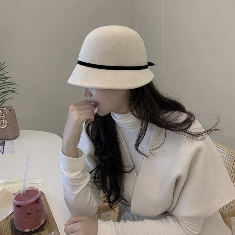 羊毛呢白色赫本渔夫帽子女