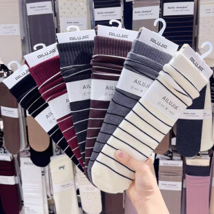 加后跟保暖中筒袜6805 AILUJIA彩条纹羊绒感堆堆袜子女冬季 3双 包邮
