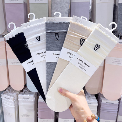 XINLU木耳边爱心刺绣堆堆袜春夏