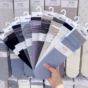 3双包邮AILUJIA拼接撞色堆堆袜子女秋冬竖条无骨小腿中筒棉袜3609