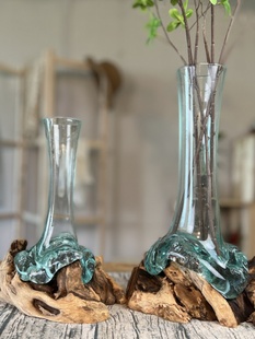 摆件 沉木枯木创意个性 绿萝吊钟玻璃水培花插自然风花瓶禅意新中式