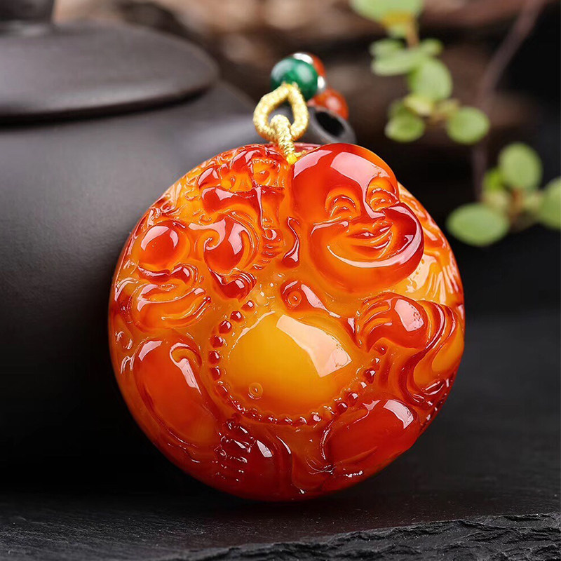 一代正品天然琥珀原石鸡油黄挂件蜜蜡吊坠弥勒佛项链男女士毛衣链