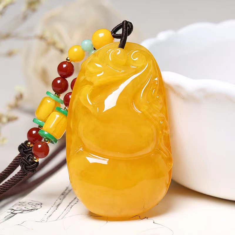 正品俄料天然老蜜蜡如意葫芦吊坠男女同款琥珀原石挂坠项链毛衣链