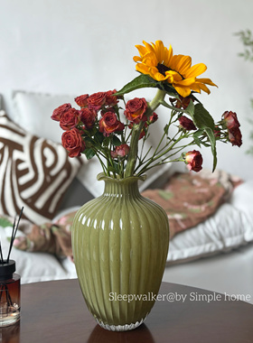 春风｜口5高27宽18 中古玻璃花瓶ins风奶玉绿色客厅插花摆件