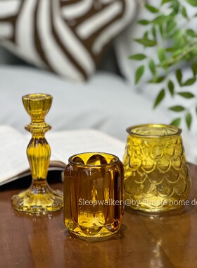 琥珀色系列烛台｜法式复古玻璃烛台烛光晚餐家用香薰蜡烛摆件