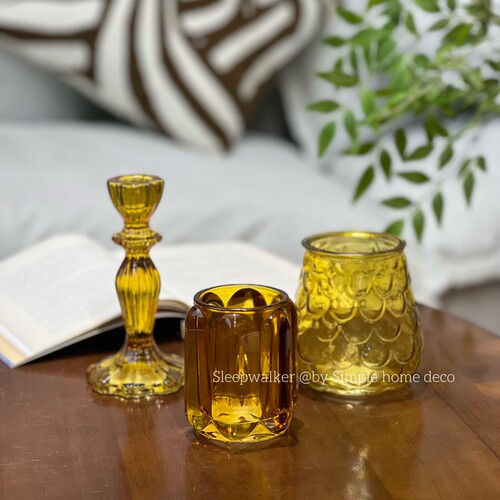 琥珀色系列烛台｜法式复古玻璃烛台烛光晚餐家用香薰蜡烛摆件