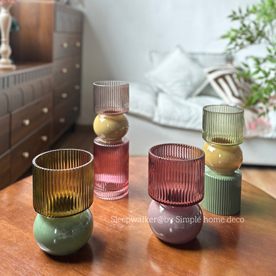 夏日恋曲｜拼接撞色玻璃花瓶 有造型直筒条纹 玫瑰百合插花装饰