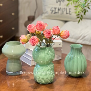 青瑶｜小众青瓷绿玻璃花瓶艺术肌理感客厅插花ins风桌面花器摆件