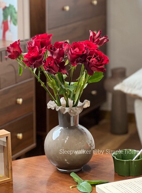 糯米|高23奶油灰色中古风玻璃花瓶 摆件 民宿风氛围感装饰品摆件