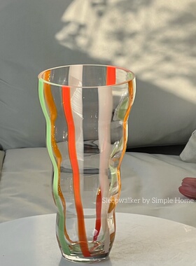 欢乐谷|外贸出口彩色线条宽口玫瑰富贵竹氛围感玻璃花瓶摆件