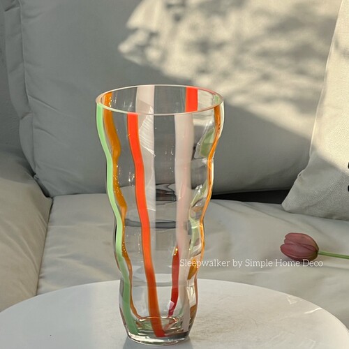 欢乐谷|外贸出口彩色线条宽口玫瑰富贵竹氛围感玻璃花瓶摆件