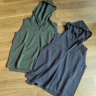 外贸 纯棉短款宽松带帽针织背心 无袖毛衣  有帽子马甲针织衫