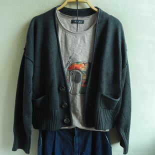 简约 纯棉线V领短款宽松厚实开身毛衣外套 针织开衫 短肥黑毛衣