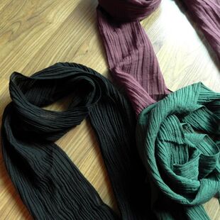 文艺 纯麻围巾 苎麻 窄长围巾 褶皱 黑围巾 长方围巾 棉麻风围巾