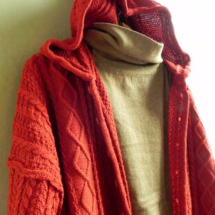 复古 纯棉线短款宽松戴帽毛衣 厚实 纯棉针织开衫外套 帽衫