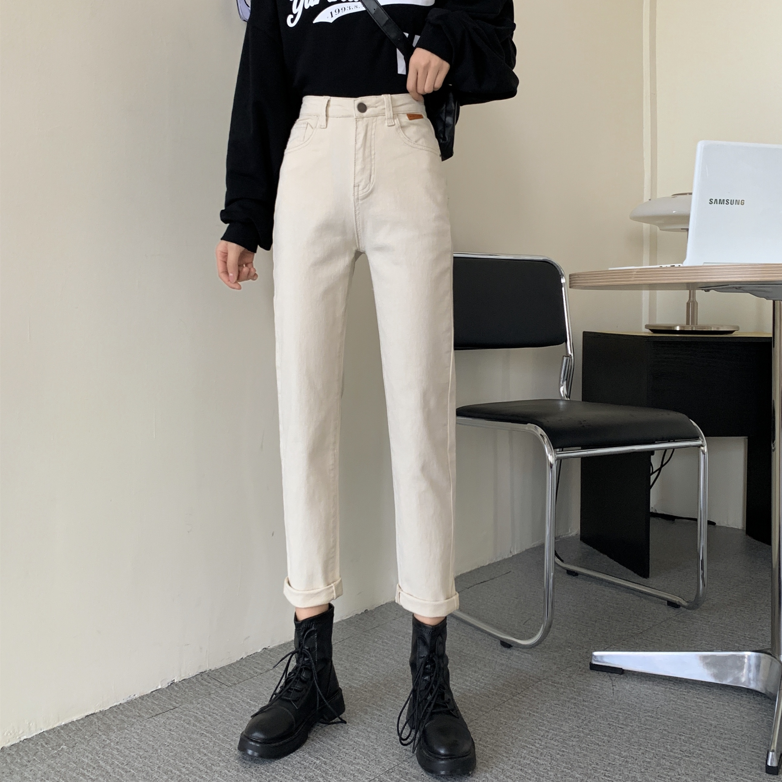 Real shot and real price thickened new straight tube pants show thin casual jeans