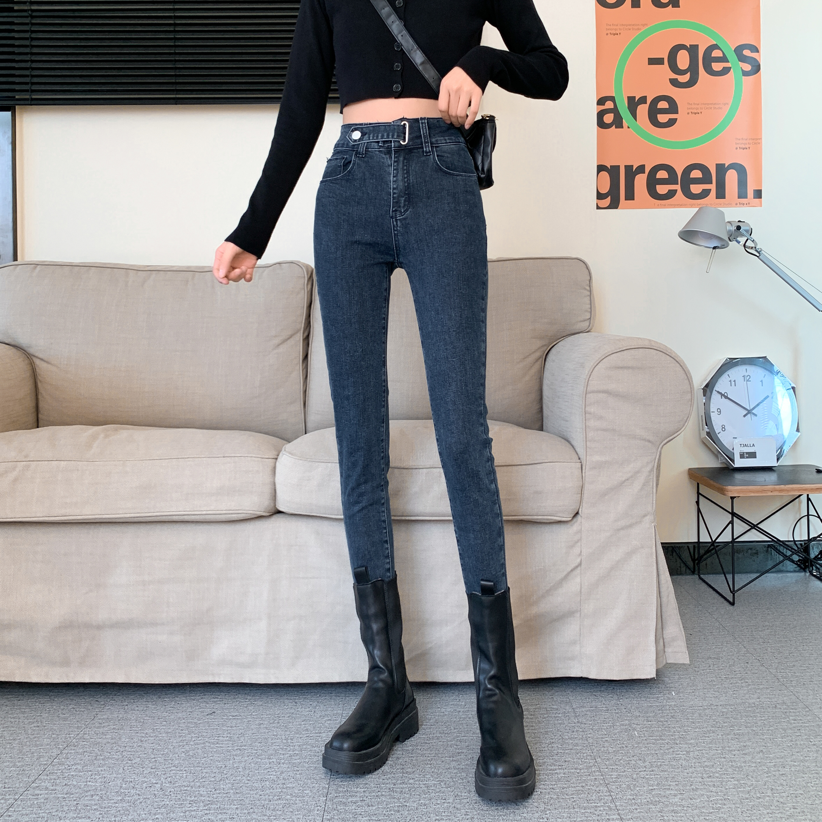 Real price autumn and winter new high waisted elastic Slim Skinny Jeans