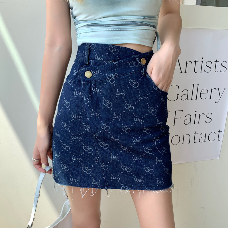 Real price high waist slim and versatile lace slant button skirt