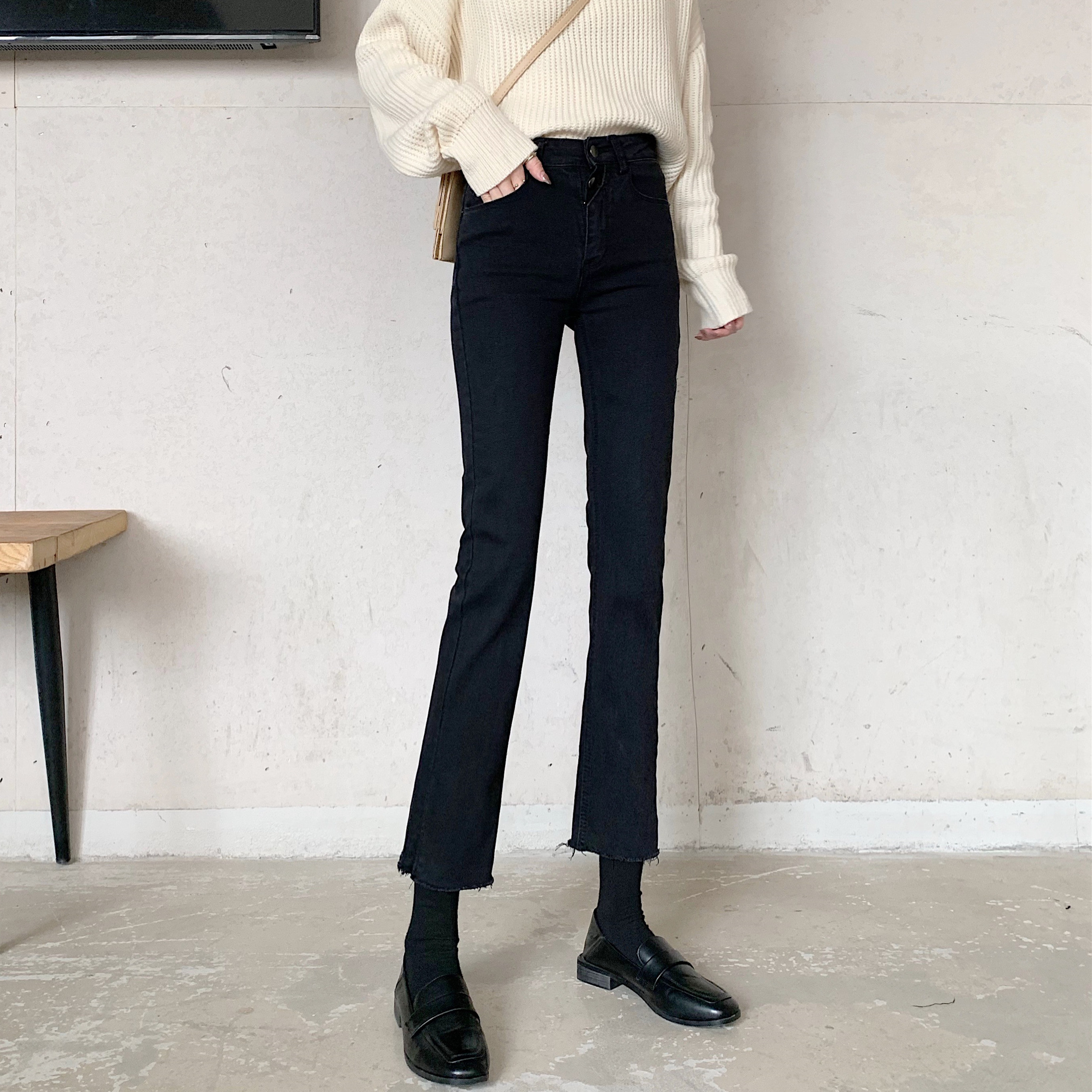 Real price high waisted two grain button slim fit micro pull versatile jeans