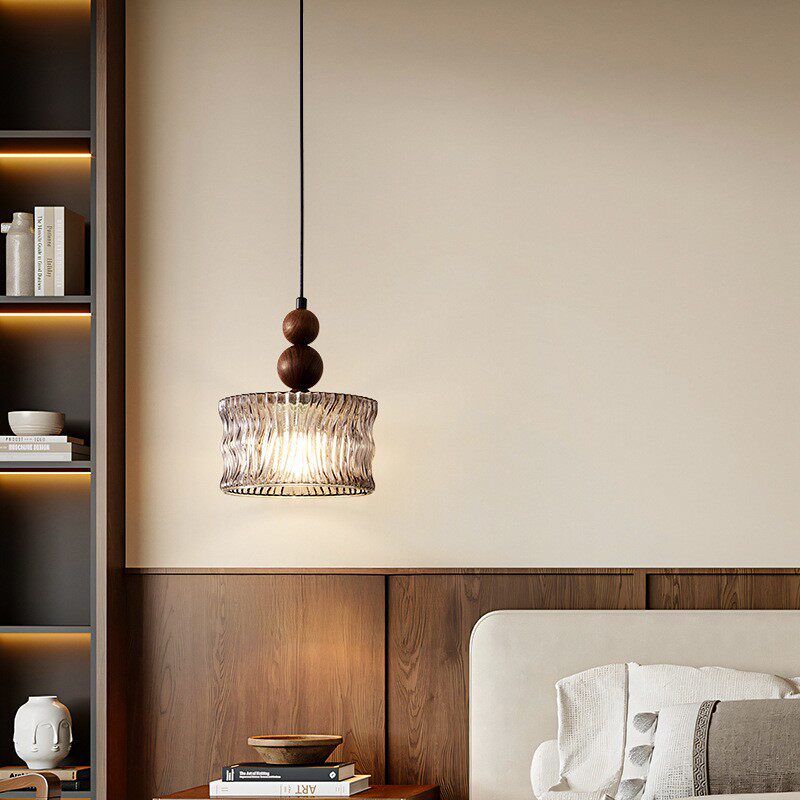 新中式胡桃木色玻璃吊灯餐厅现代轻奢大气卧室床头灯过道小吊灯