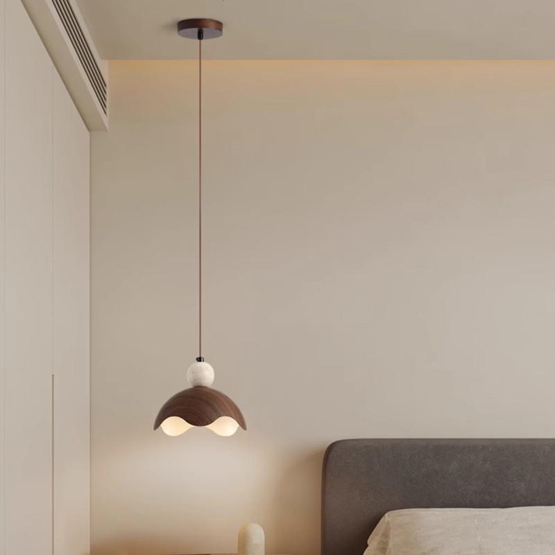 简约卧室床头吊灯中式复古诧寂风黄洞石入户玄关小吊线灯胡桃木色