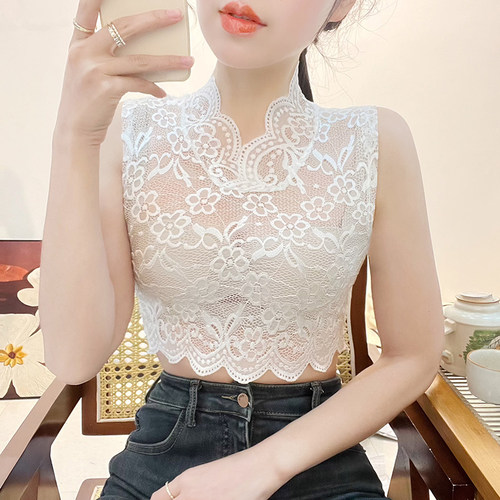 V领蕾丝假领子百搭女背心短上衣