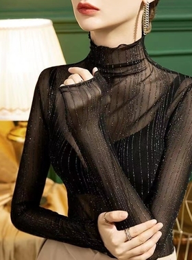 堆堆高领网纱打底衫女透明洋气木耳边内搭纱衣银线亮丝蕾丝上衣薄