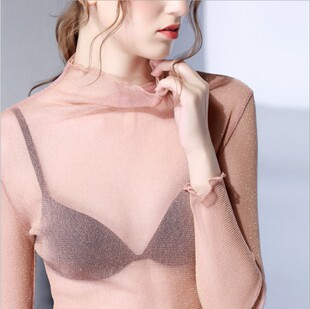 2018秋新款高领木耳边透肉网纱打底衫性感长袖女透明薄款沙衣沙袖