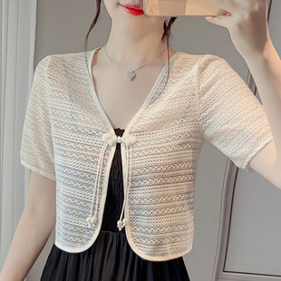 防晒开衫 蕾丝小披肩女夏季 盘扣钩花镂空短袖 新中式 小外套 2024新款