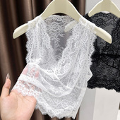 蕾丝花边v领无袖 镂空上衣高级感 女法式 背心内搭t恤薄款 网纱打底衫
