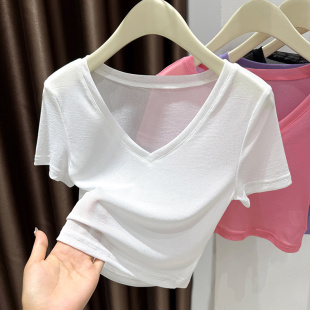 黑色短袖 性感透视网纱打底衫 新款 夏季 t恤透明纱衣上衣 女半截短款