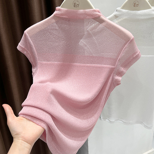 粉色半高领短袖t恤女薄款夏季银丝网纱打底衫微透性感上衣高级感