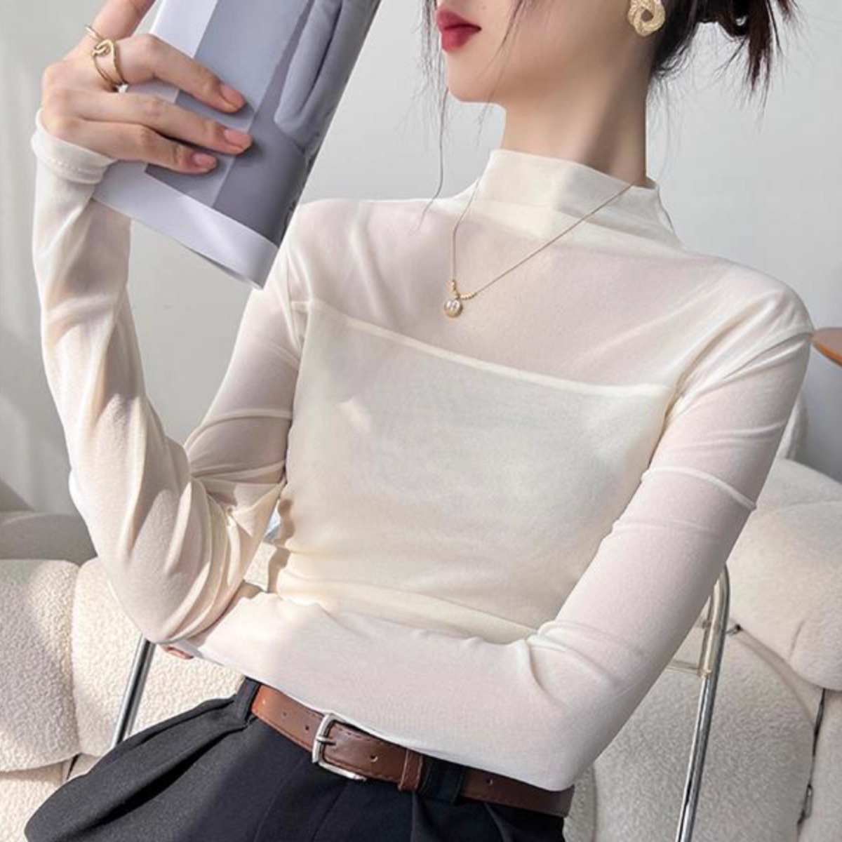半高领网纱黑色打底衫女长袖2025新款春秋t恤内搭外穿高级感上衣