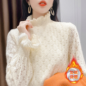 高领保暖网纱上衣 洋气加绒加厚内搭高端小衫 磨毛蕾丝打底衫 女冬季