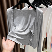 长袖 木耳边防晒开衫 披肩上衣 配吊带裙外搭罩衫 灰色短款 女夏季 薄款