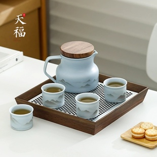 家用高檔儲(chǔ)水式 水墨山水功夫茶具套裝 茶盤壺承陶瓷悶泡壺茶杯