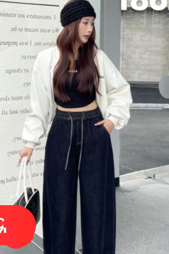 3NUX2025冬新款韩版显瘦高品质休闲松紧腰抽绳牛仔裤哈伦裤加绒