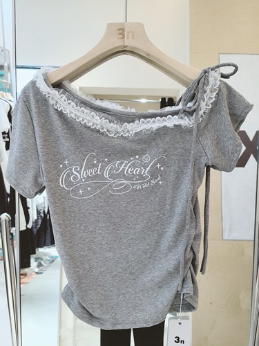 3NUX2026夏新款韩版简约百搭显瘦高品质休闲蕾丝飘带短袖T恤