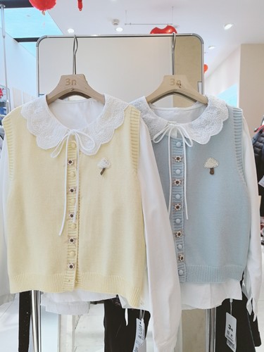 3NUX感彩扣针织衫马甲钩花衬衫女春季宽松显瘦衬衣毛衣两件套