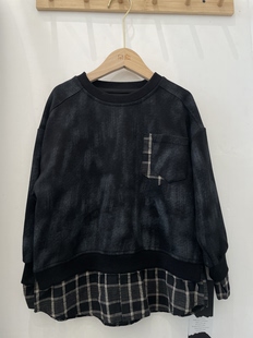 男童中大童春款 实体店 卫衣假两件格子口袋上衣百搭男孩长袖