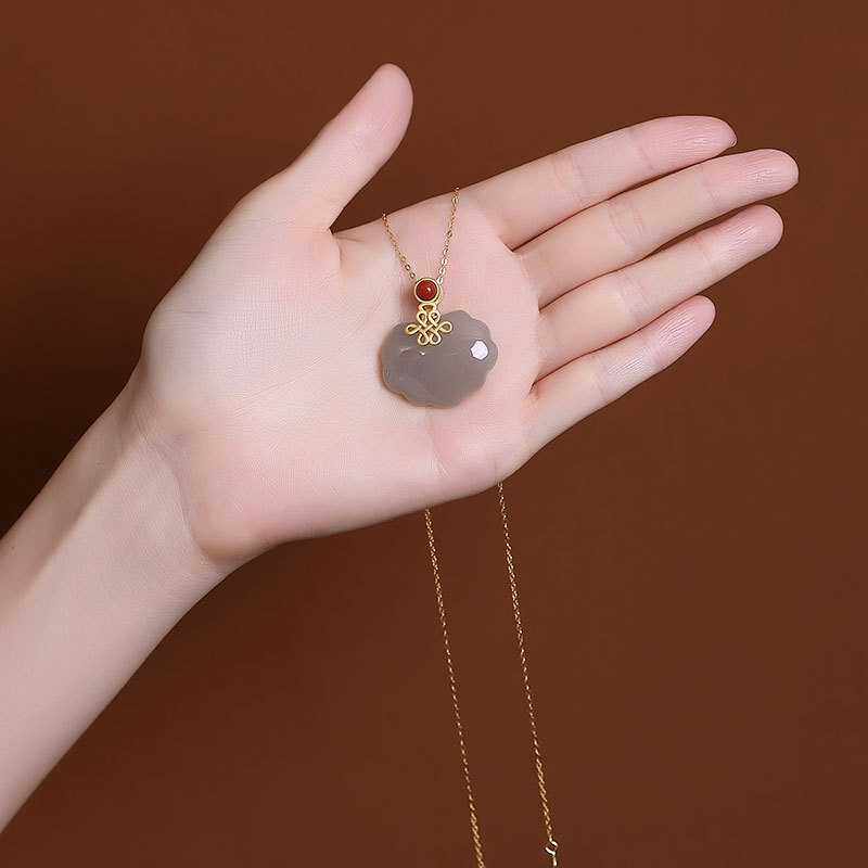 青青子衿。S925纯银镀金天然和田玉烟紫复古中国如意吊坠含链套链