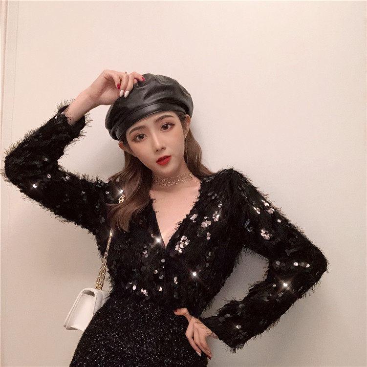 Real shot real price retro shiny temperament V-neck l tassel coat