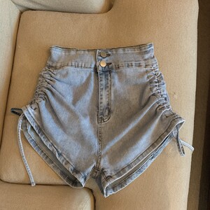 RM15089#抽绳牛仔短裤高腰双扣辣妹网红炸街裤子